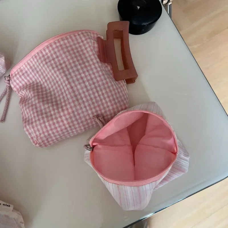 pochette de rangement en coton rose clair pour femme, motif pois frais, à carreaux et rayures, pour maquillage, cosmétiques et articles de toilette