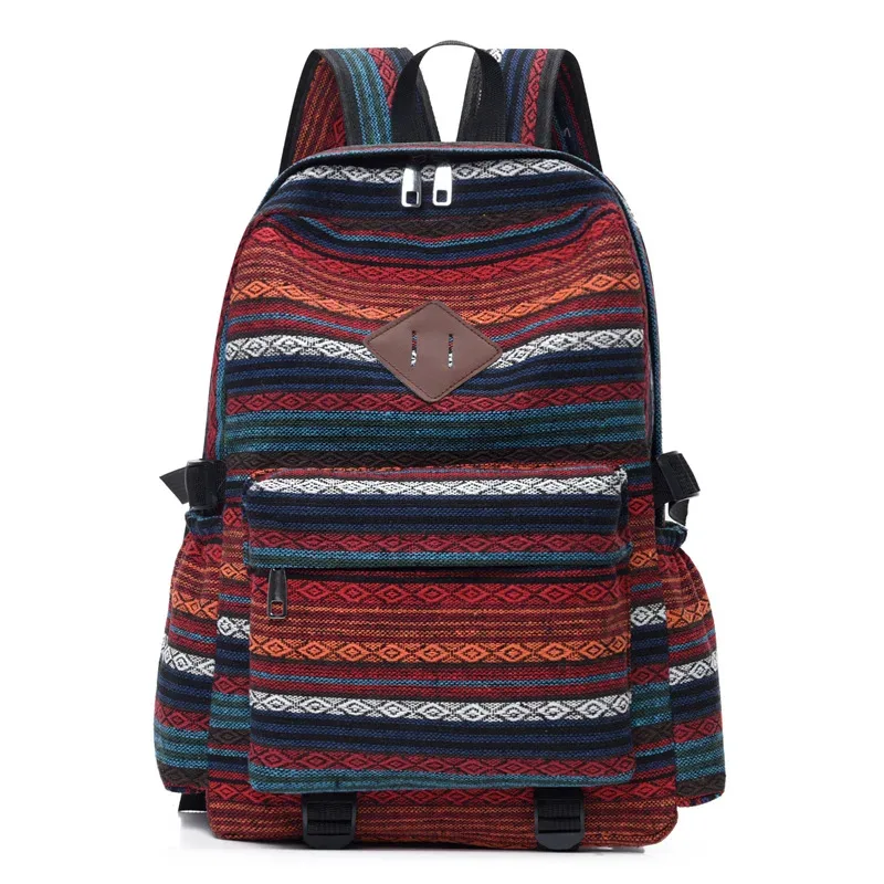 sac à dos de voyage décontracté en coton et lin, style ethnique, grande capacité, unisexe, pour loisirs en extérieur, résistant à l'usure, rayé
