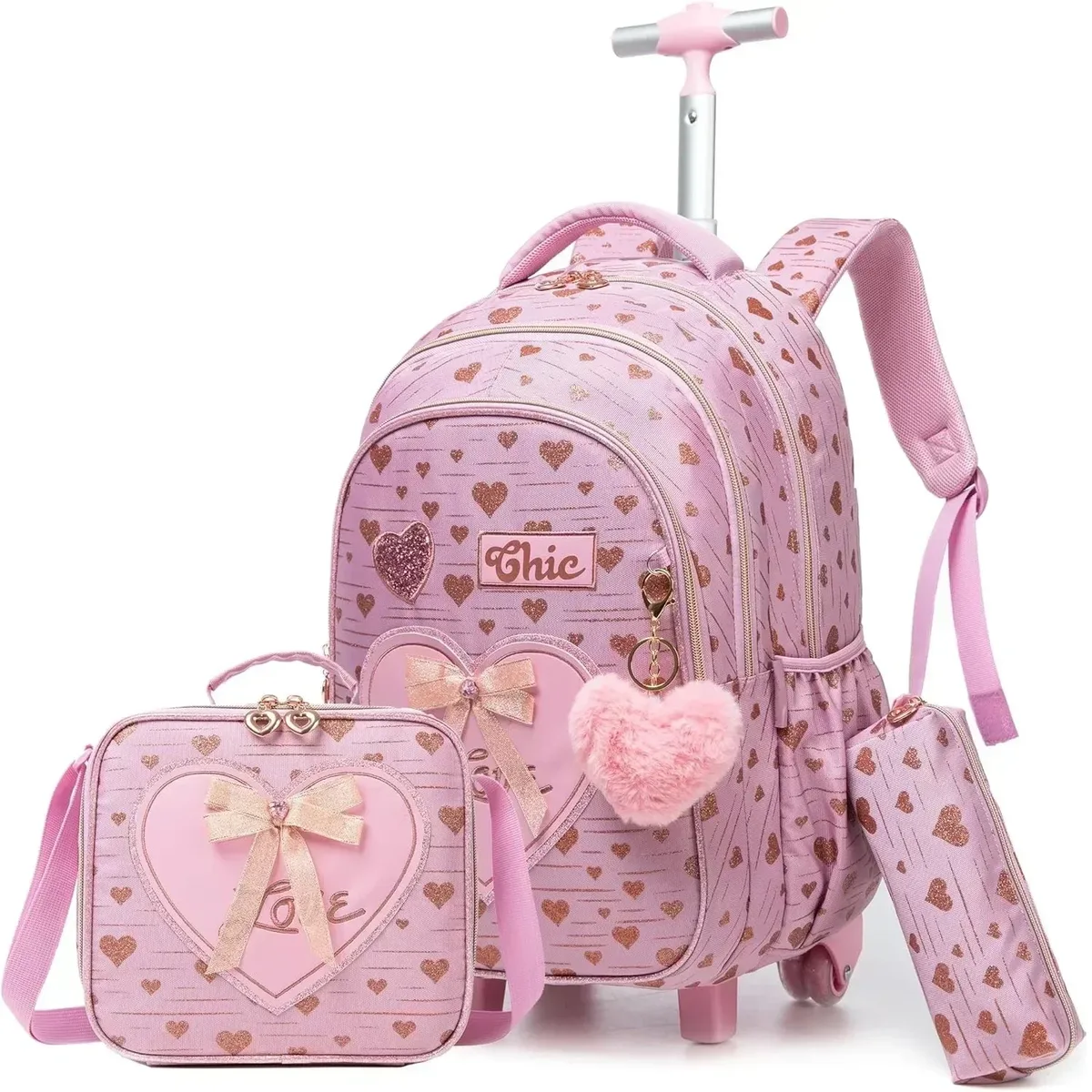 ensemble de sac à dos à roulettes pour enfants avec boîte à lunch, sac à dos scolaire à roulettes, sac à dos trolley pour filles