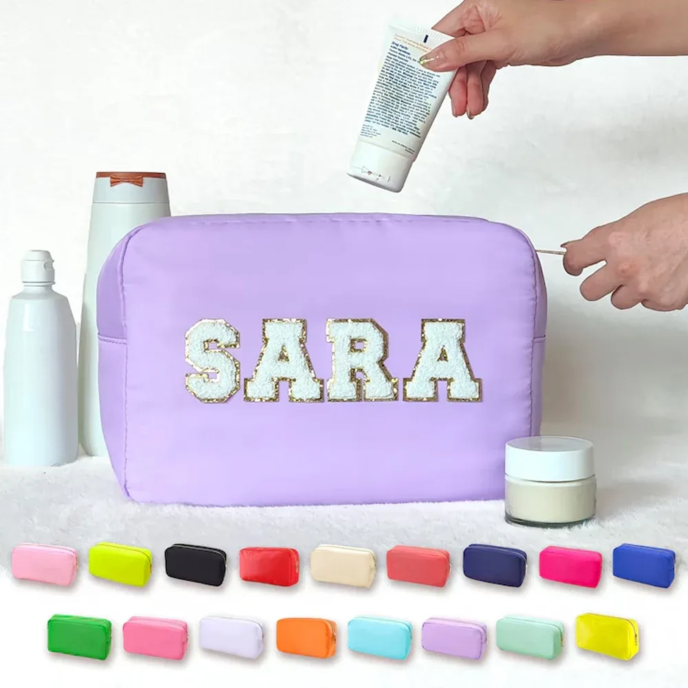 trousse cosmétique violette personnalisée, sac en nylon de maquillage, poudres personnalisées, patch chenille, grand étui de voyage, trousse de toilette, cadeau de mariée, taille xl