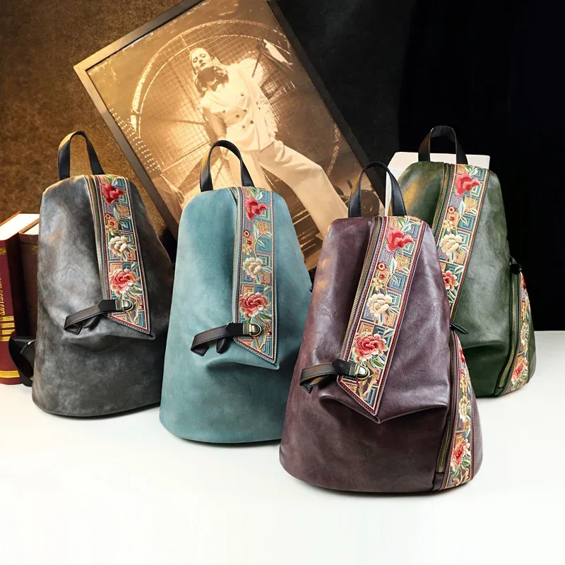 sac à dos rétro en cuir véritable pour femmes, design brodé, pour voyage, anti-vol, tendance