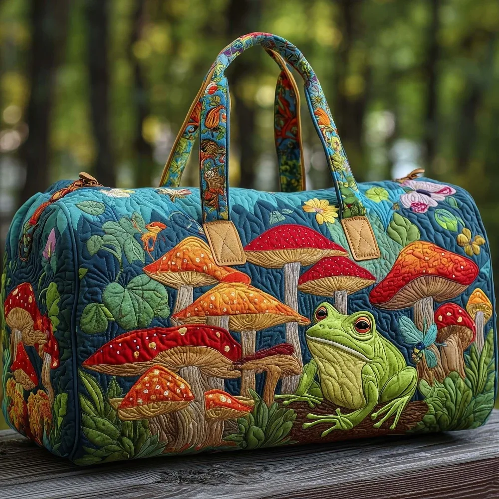 sac de voyage 3d artisanal matelassé, sac de week-end bohème hippie, motif champignon, grenouille, bus vintage