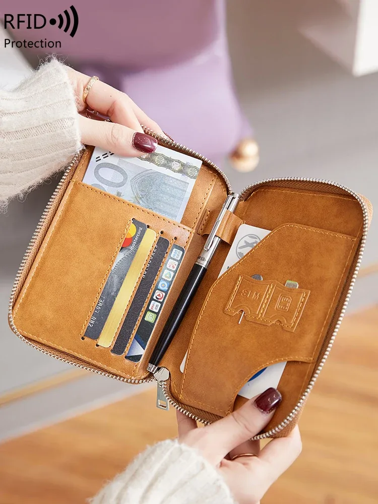 portefeuille de voyage antivol rfid avec fermeture éclair, style rétro, pour hommes et femmes, sacs de passeport multifonctionnels simples, clip de passeport