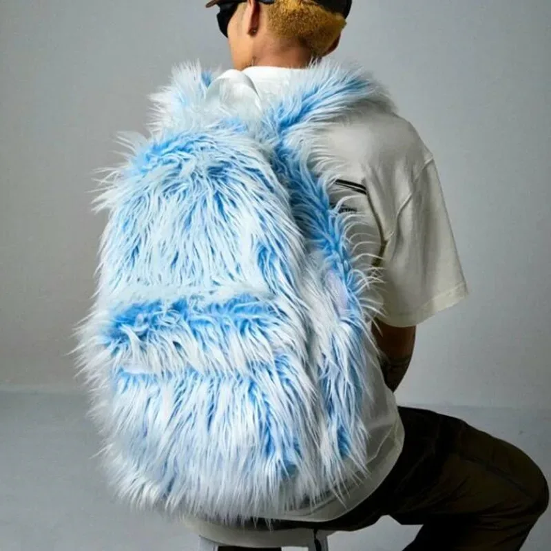 2025 fashion ice blue pink faux fur backpack men women kawaii cute fluffy school bag outdoor tarvel laptop bag