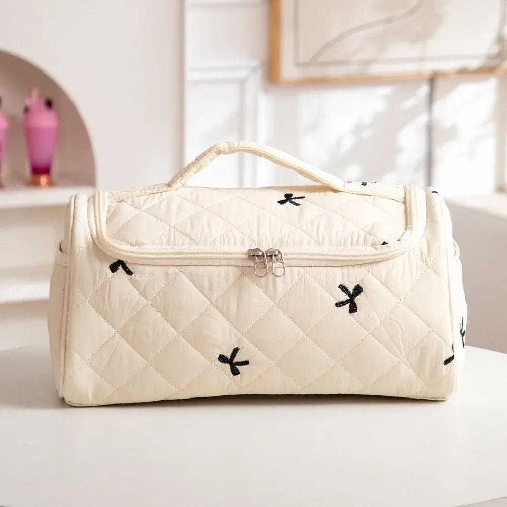 trousse de toilette tendance matelassée, trousse à maquillage portable avec nœud, sac de voyage grande capacité de haute qualité pour sèche-cheveux pour femme
