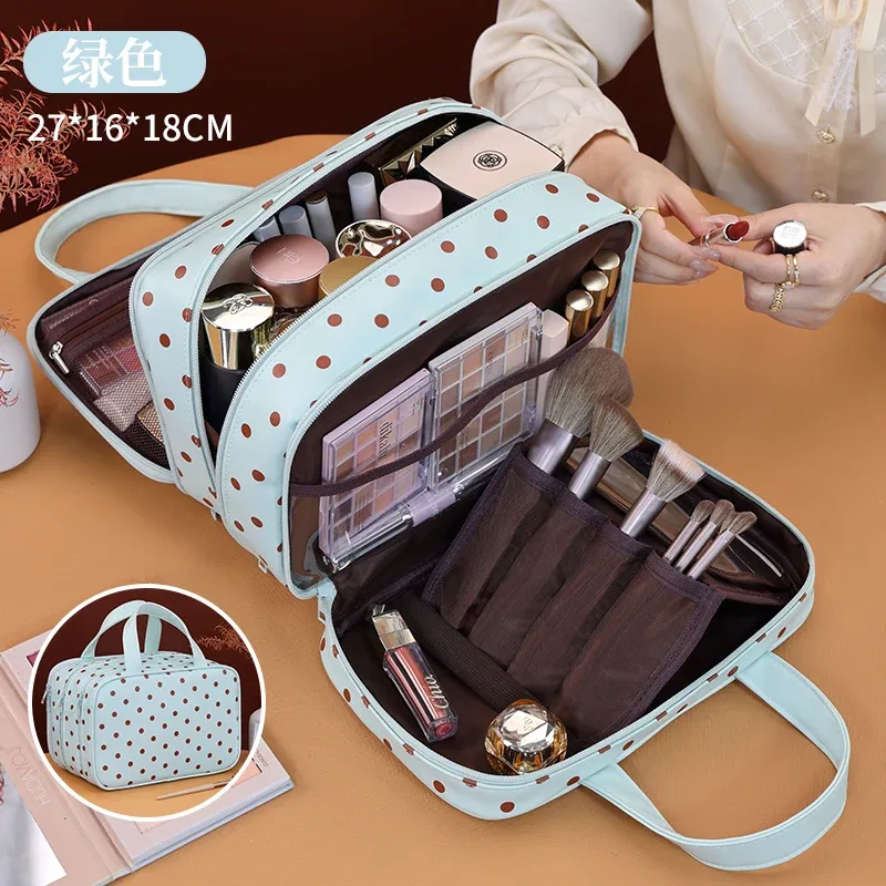 sac de maquillage portable à pois, sac à cosmétiques multifonctionnel à trois couches en cuir pu, sac de rangement de voyage étanche de grande capacité