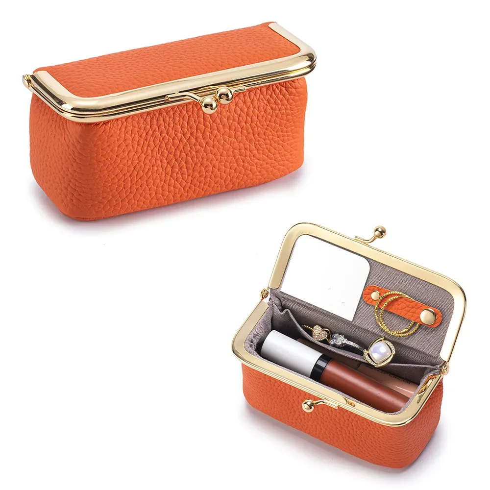 trousse de rangement portable en cuir pour femmes avec fermeture kiss-lock, miroir intégré, organiseur pour rouge à lèvres, bijoux, écouteurs, idéale pour les voyages