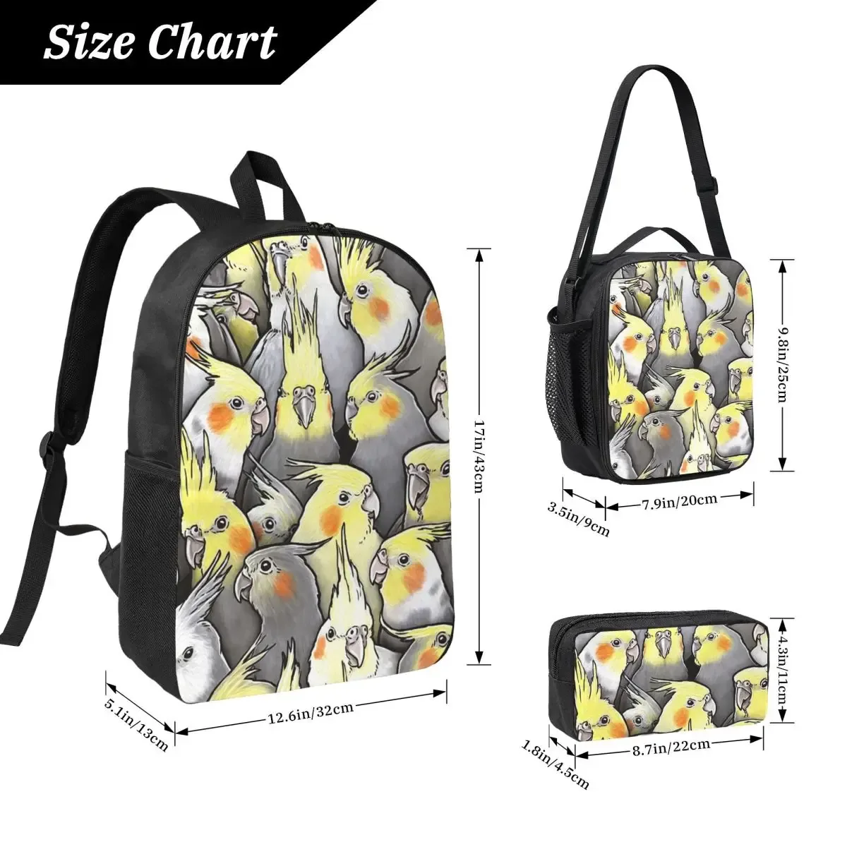 Sac à dos Cockatoo Cockatiel Parrot Galore, sac d'école, sac à bandoulière pour ordinateur, 3 pièces, sac à déjeuner isotherme, trousse à crayons