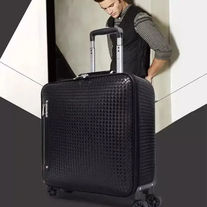 valise à roulettes en cuir véritable pour hommes, valise d'embarquement d'affaires, roue universelle, sac à bagages, motif tissé, 20 po, 16 po