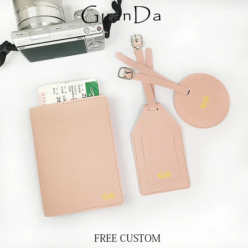 Couverture de passeport de voyage avec nom personnalisé, étiquette ronde pour bagages, étiquette de valise personnalisée avec sac d'étiquette d'air, cuir PU, cadeau de luxe, livraison directe