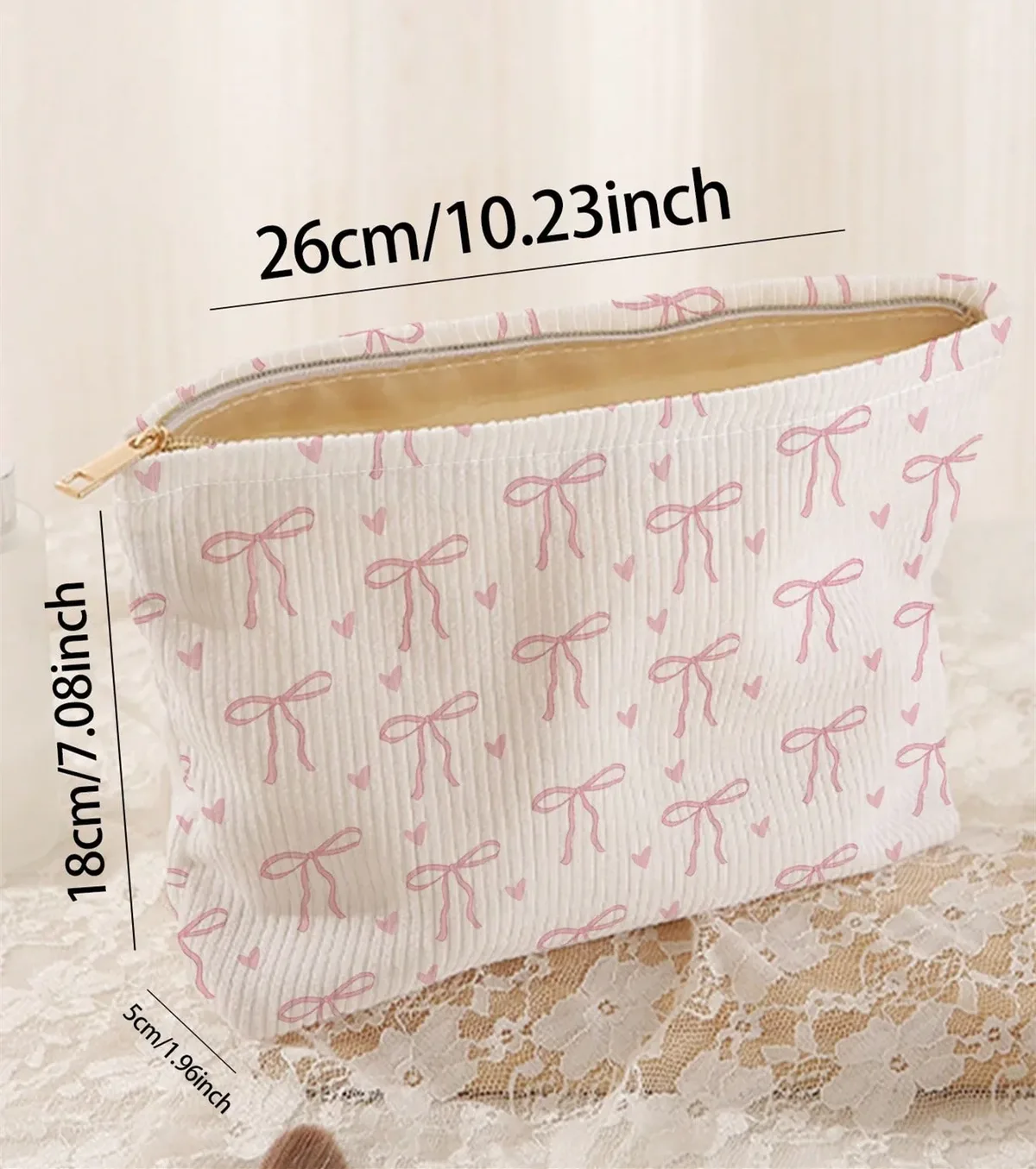 sac à cosmétiques à nœud papillon rose, organisateur de maquillage à fermeture éclair en velours côtelé, sac de rangement de cosmétiques léger et portable pour femmes, sac à main de voyage