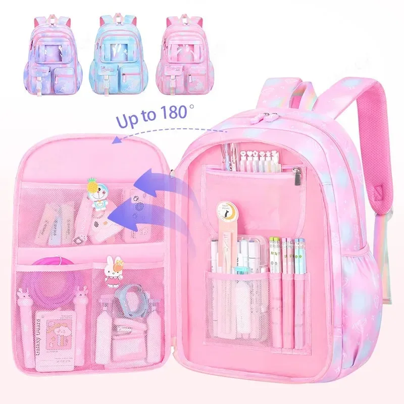 Sac à dos à ouverture latérale pour enfants, sacs d'école à la mode pour filles, princesse rose, étanche, grande capacité pour étudiants
