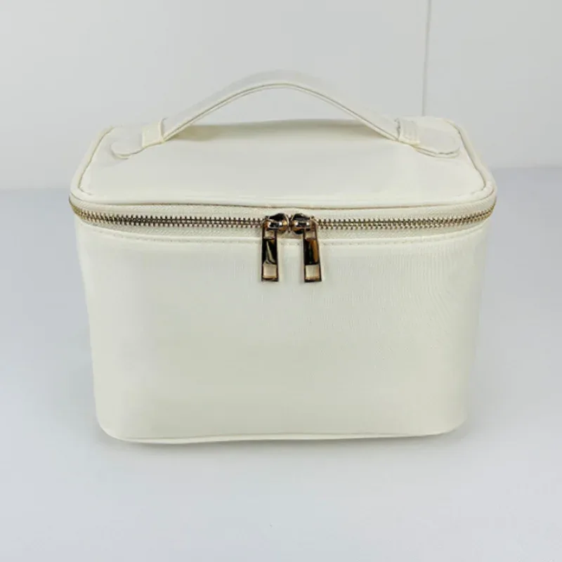 boîte de rangement imperméable en nylon couleur bonbon avec poignée, grand espace, patchs personnalisables, trousse de toilette et de maquillage pour filles pour les soirées pyjama