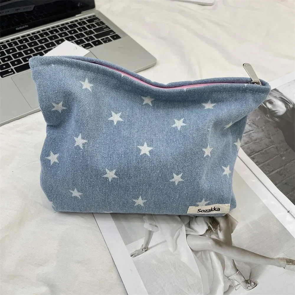 style coréen grand nœud étoiles imprimer maquillage stockage étui à fermeture éclair produits de soins de la peau sacs de rangement de cosmétiques sac de maquillage de voyage