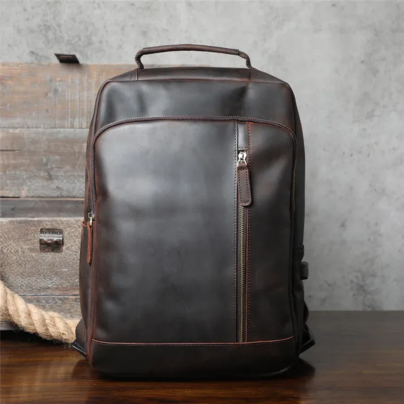 Sac à dos Vintage en cuir de vache Crazy Horse pour hommes, sac à dos de luxe de haute qualité en cuir véritable naturel, sac à dos de voyage en plein air pour ordinateur portable, cartable