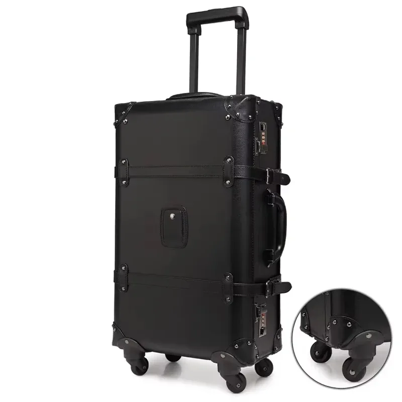 nouveau rétro bagages roulants spinner marque vintage valise en cuir sur roue femmes chariot sac de voyage hommes coffre bagage à main