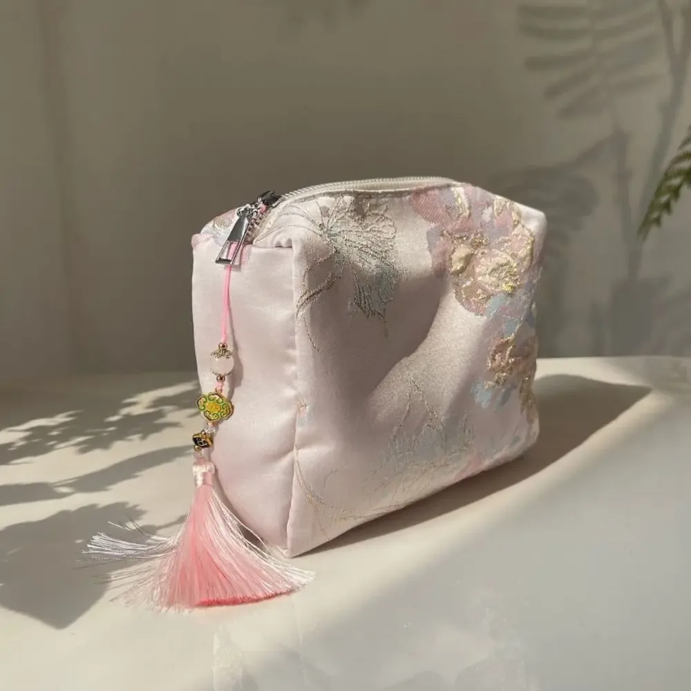 pochette cosmétique portable en polyester avec fermeture éclair, broderie florale, style chinois, organiseur de maquillage, pour voyage