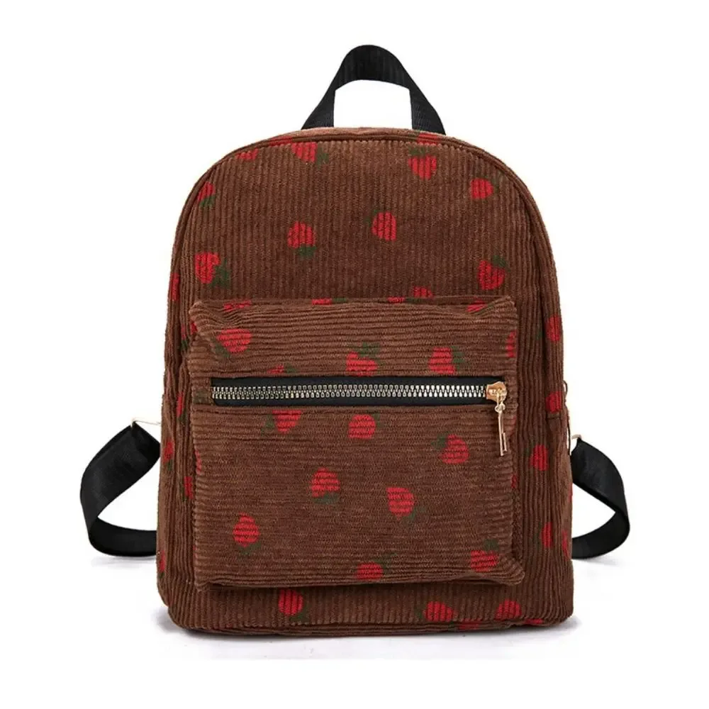 sac à dos fraise en velours côtelé, multi-poches, sangle réglable, sac à dos de voyage, grande capacité, motif fraise, sac à dos quotidien
