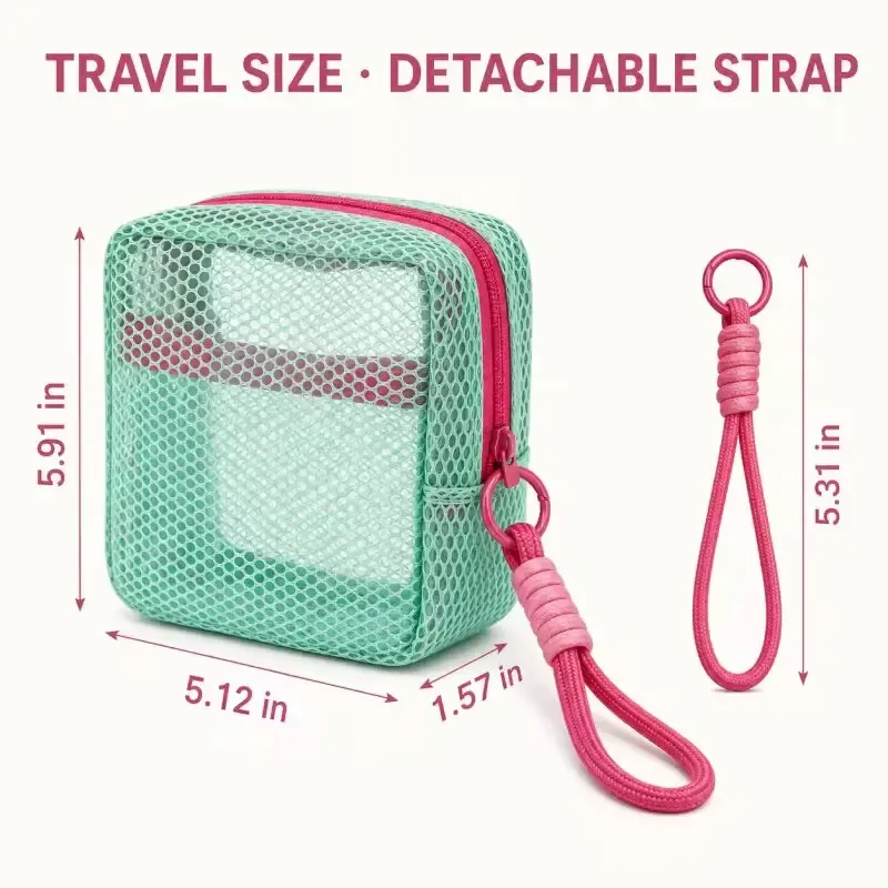 petite pochette de plage en maille transparente, trousse de toilette avec dragonne amovible, organiseur de voyage pour crème solaire, clés, câbles