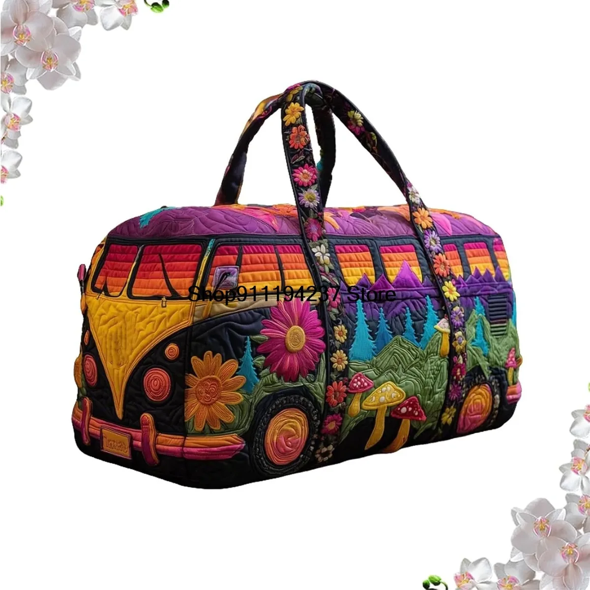 sac de voyage matelassé hippie van, sac de voyage matelassé hippie journey, sac de voyage week-end vintage à motifs floraux, sacs de sport