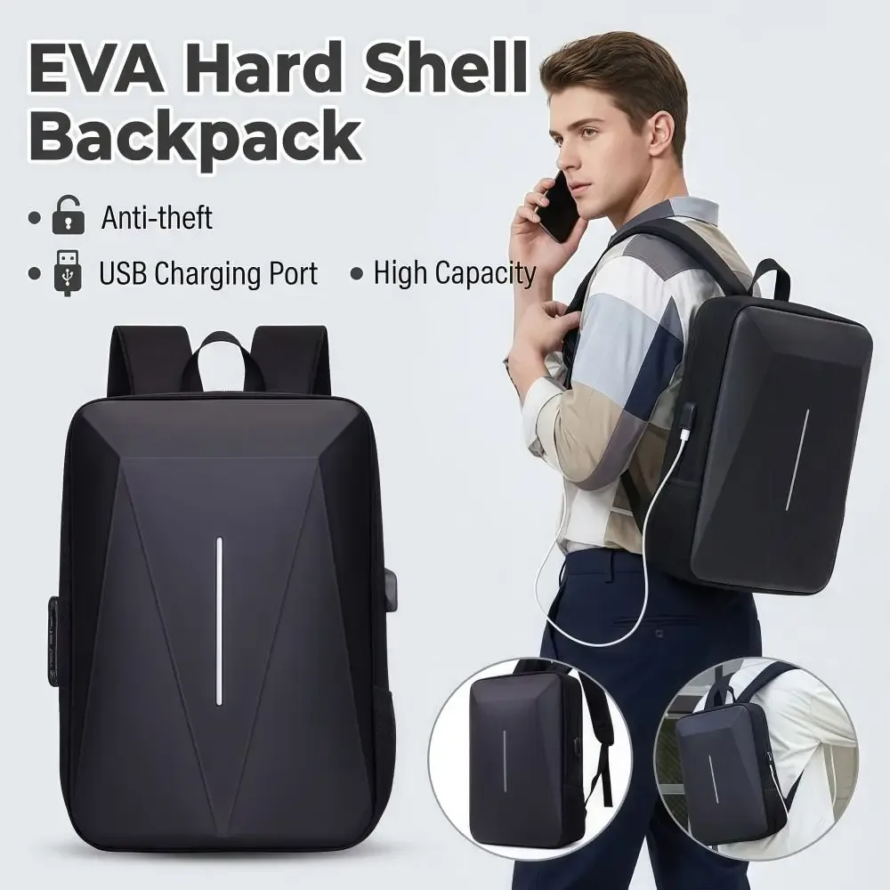 Sac à dos antivol à coque rigide, grande capacité, polyvalent, décontracté, en EVA, avec port de charge USB, étanche, sac d'ordinateur pour affaires