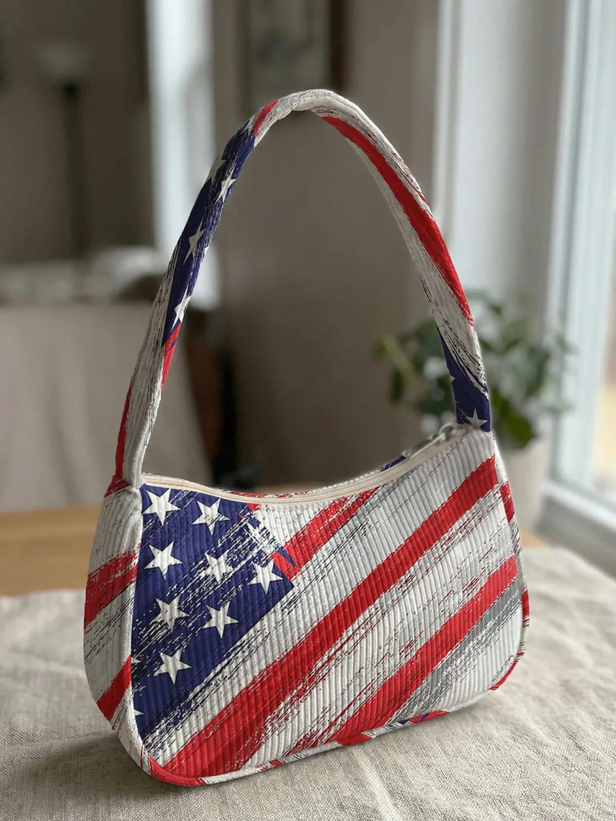 sac à bandoulière imprimé drapeau tendance, sac décontracté en velours côtelé pour tous les jours
