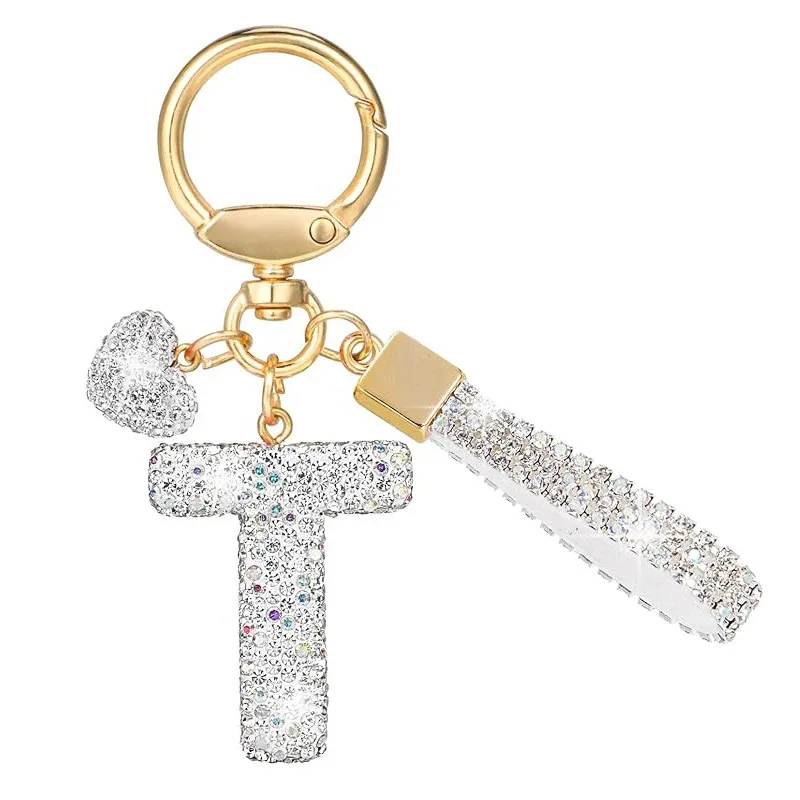 porte-clés avec lettres blanches brillantes, alphabet a-z pour porte-clés de voiture/sac à dos et cadeau avec lanière ajoutée