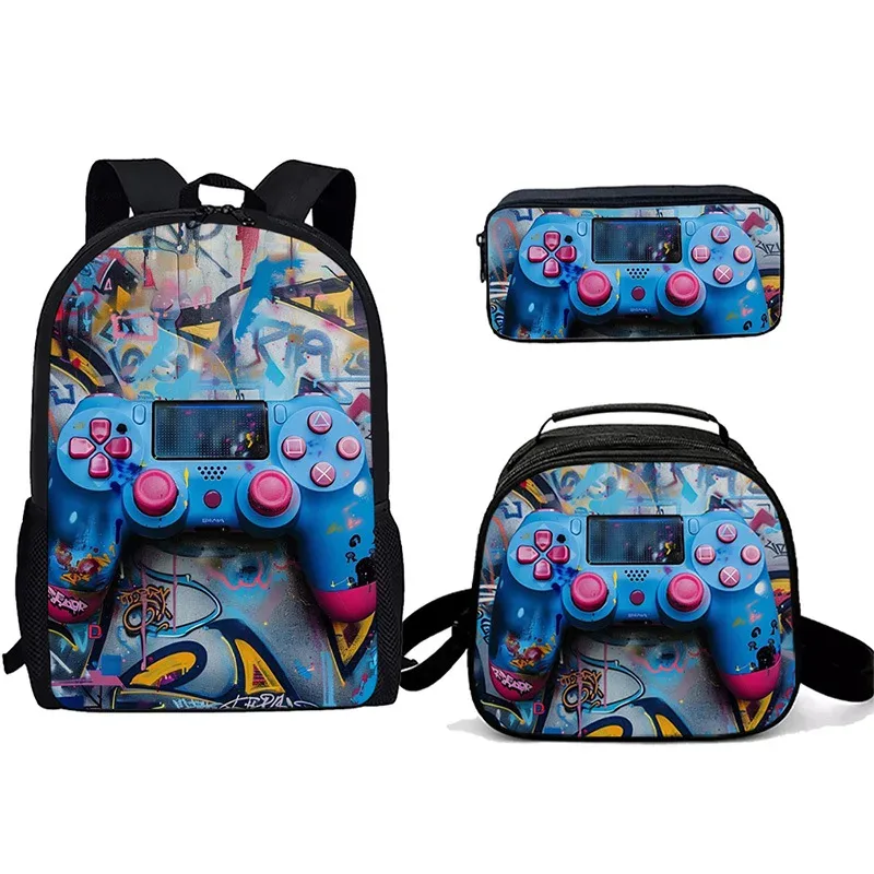 sac à dos tendance pour étudiants, imprimé 3d, 3 pièces/ensemble, avec sac à bandoulière, sac à déjeuner et trousse à crayons, pour ordinateur portable et console de jeux populaire