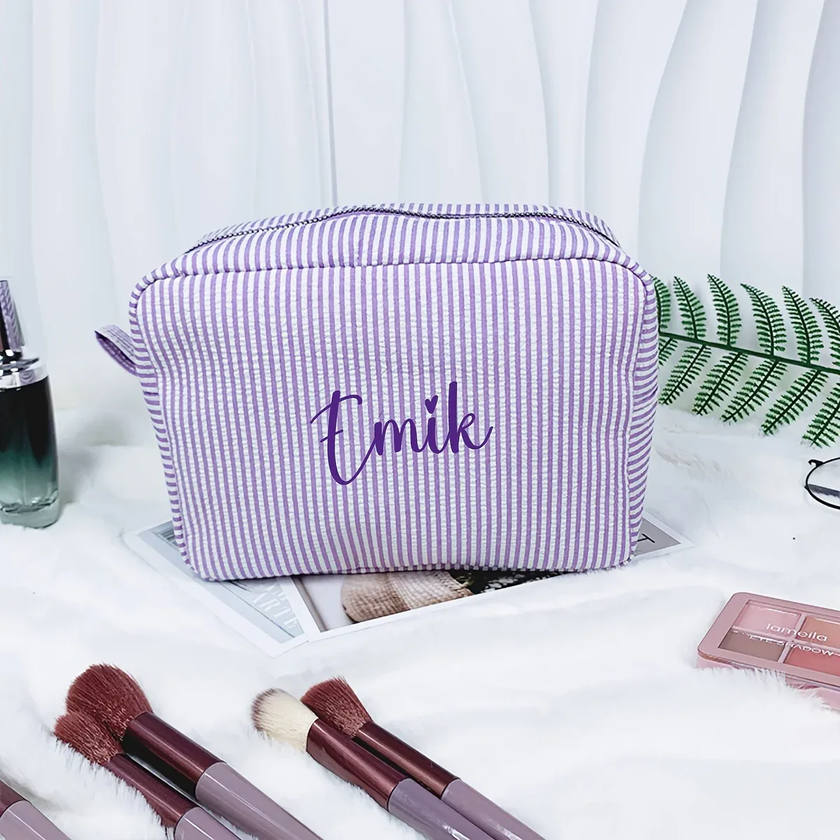 sac de maquillage brodé avec nom personnalisé, pochette à cosmétiques rayée, organisateur de toilette de voyage, trousse à crayons à fermeture éclair de grande capacité, cadeau pour femmes