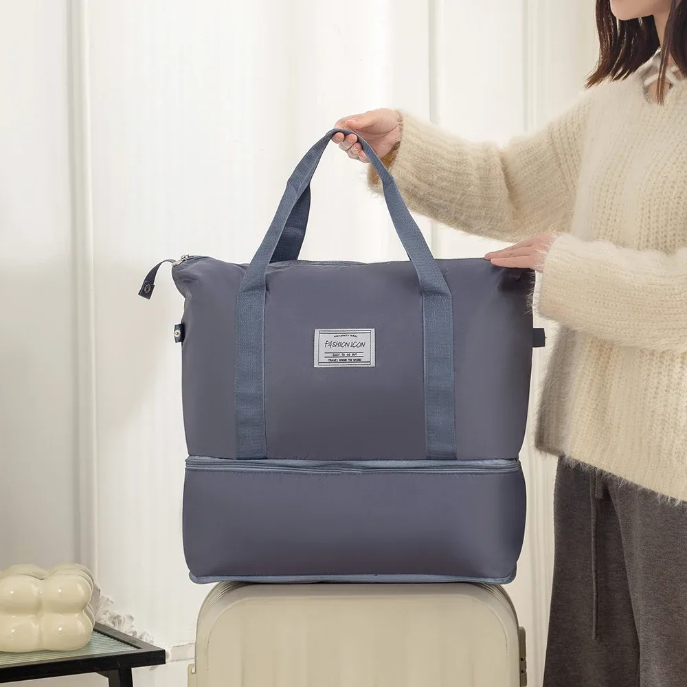 sac de voyage pliable promotionnel et tendance, grande capacité, double compartiment ; sac de rangement pour bagages ; sac à main multifonctionnel ; sac de maternité léger, portable et extensible ; sac de sport unisexe couleur unie avec séparation sec/humide