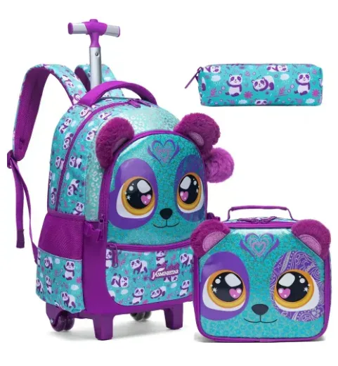 sac à dos scolaire à roulettes, ensemble de 3 pièces, sac à déjeuner, sac à stylos, sac à dos d'école à roulettes pour filles, ensemble de sacs à roulettes avec sac à déjeuner