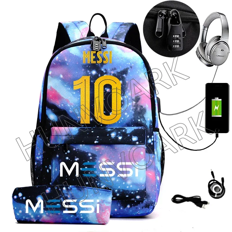 2 pièces messi sac à dos an-ti lock usb femmes hommes capacité adolescents sacs d'école pour ordinateur portable décontracté lycéens mochilas