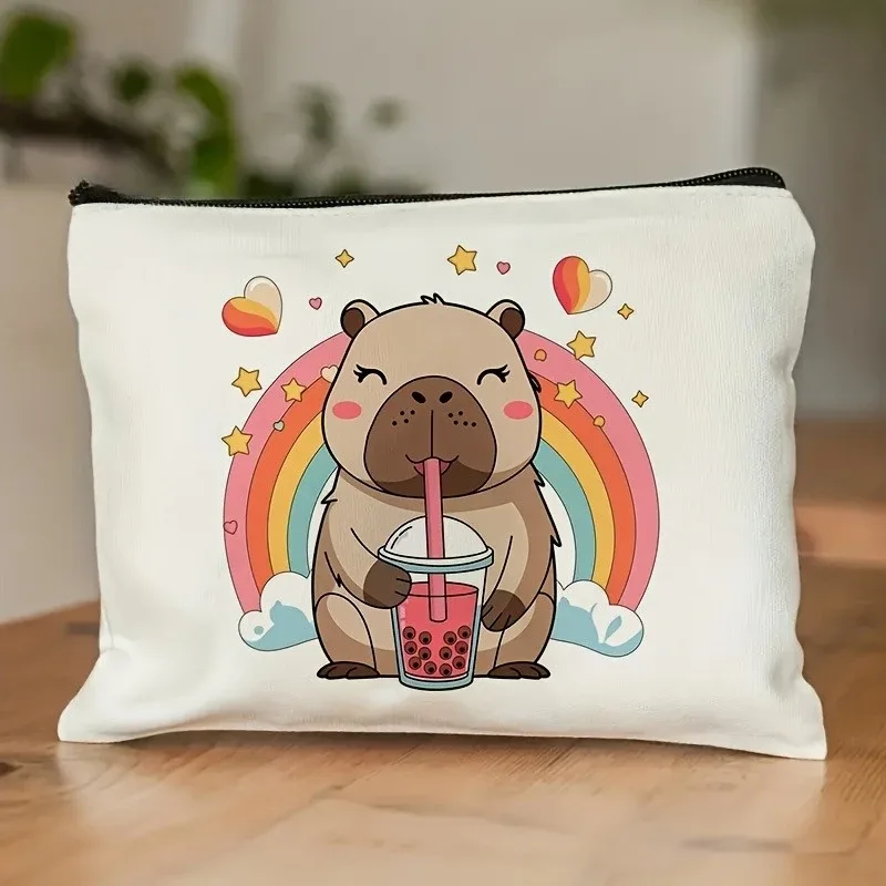 sac de maquillage imprimé capybara mignon, pochette légère à fermeture éclair double face, trousse de maquillage pour femmes, voyage, camping