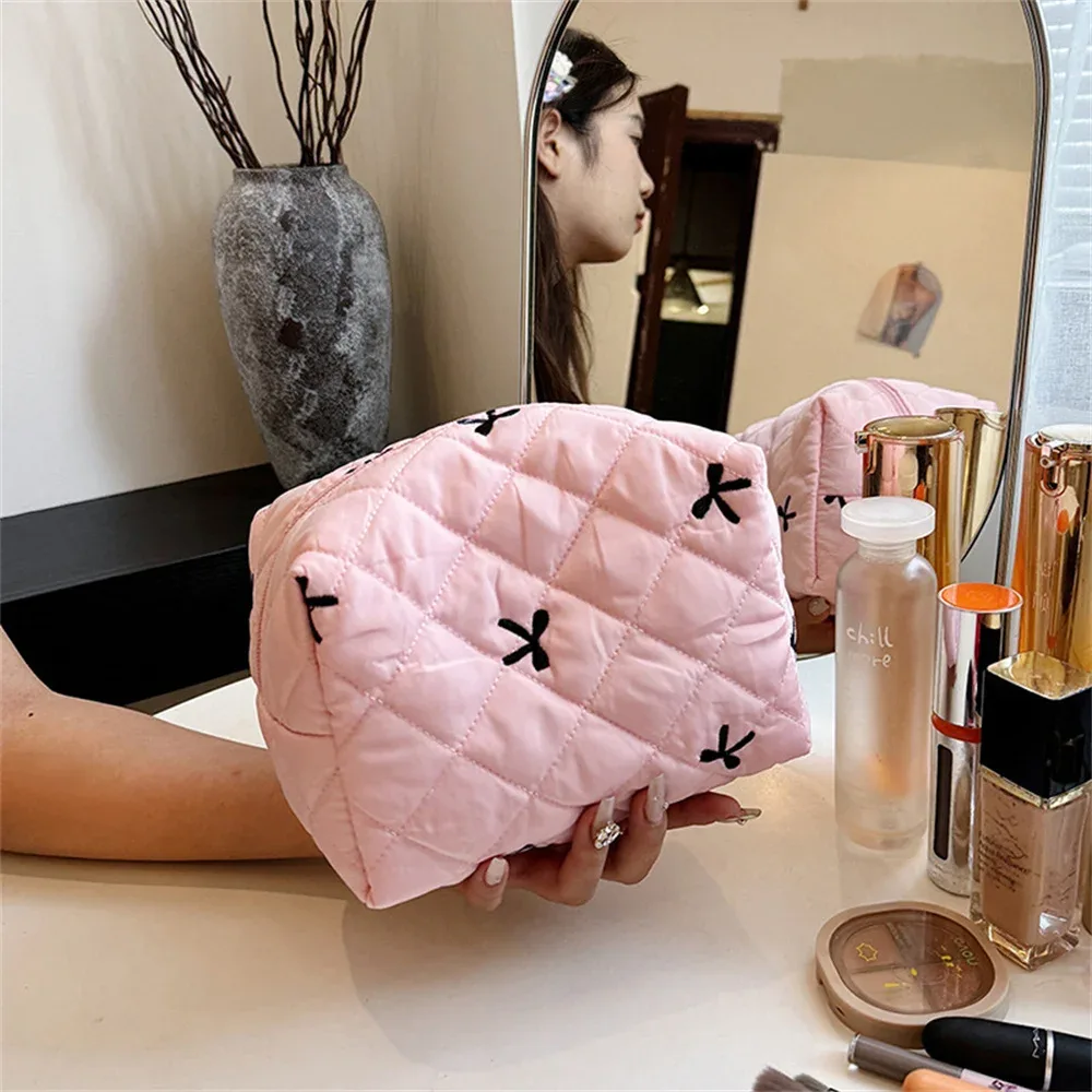 trousse de maquillage avec nœud pour femme, sacs à cosmétiques de voyage brodés avec nœud papillon, grande capacité, sac de rangement pour maquillage et toilette
