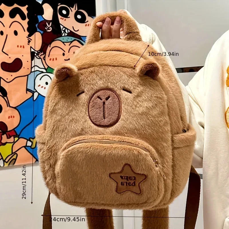 sac à dos en peluche capybara de grande capacité, sac en fausse fourrure imprimé animal de dessin animé mignon, pochette zippée pour femmes, cadeau de noël idéal