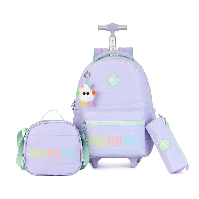 sac à dos scolaire pour enfants, 3 pièces/ensemble, sacs à livres pour filles, sac à roulettes de voyage, sac à dos scolaire à roulettes avec sac à déjeuner