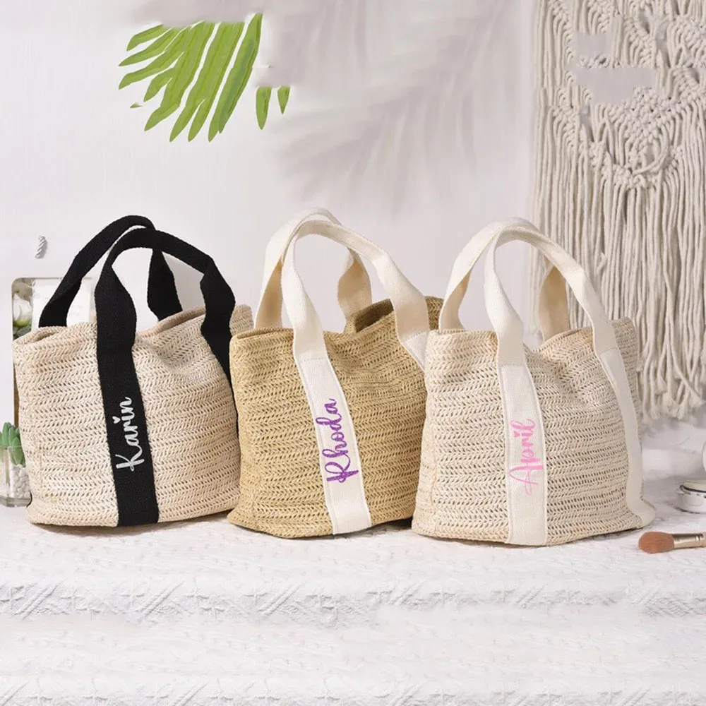 sac fourre-tout tissé en paille avec texte personnalisé, cadeaux de demoiselle d'honneur personnalisés, cadeaux de fête d'enterrement de vie de jeune fille, sac de plage en toile de jute
