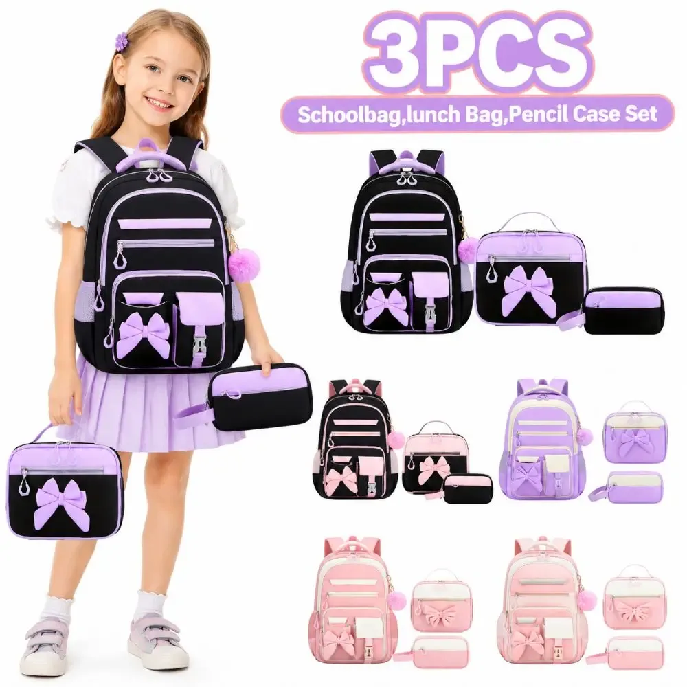 Ensemble de 3 pièces : Sac à dos, sac à déjeuner et trousse à crayons, en tissu Oxford imperméable, avec nœud papillon, léger et grande capacité