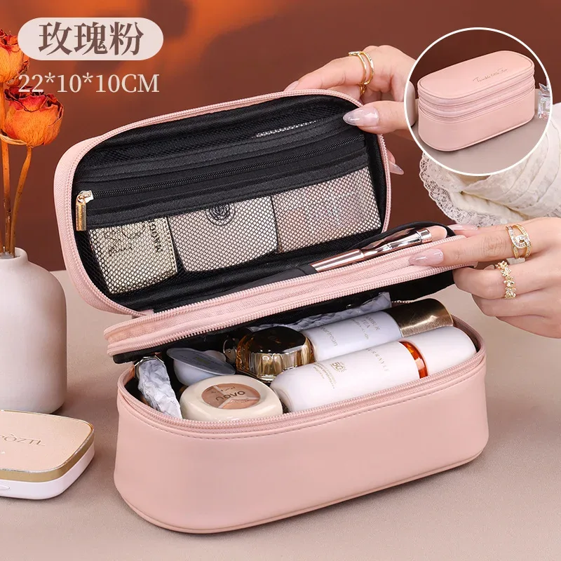 nouvelle trousse de maquillage grande capacité en cuir pu double couche, organisateur de cosmétiques de voyage, pochette de toilette pour essentiels de beauté femme