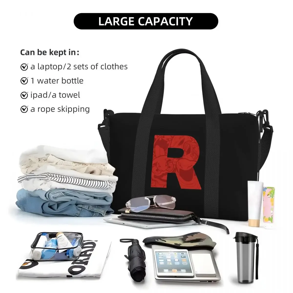sac de voyage de plage avec logo lettre r team rocket, fourre-tout de grande capacité pour salle de sport, yoga, sac à bandoulière de shopping pour femmes