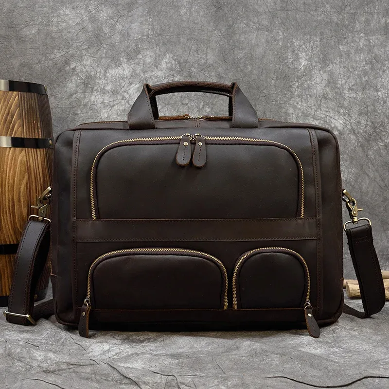 17.3 pouces mallette pour ordinateur portable en cuir véritable pochette d'ordinateur voyage d'affaires fourre-tout sacs à main pour hommes mâle grand bref étui sac rétro