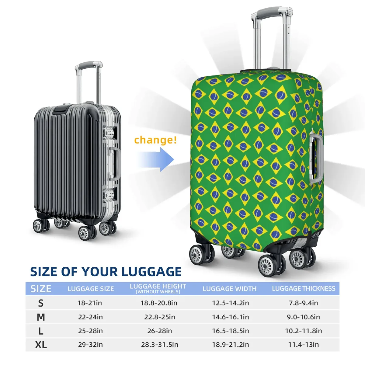 housse de valise avec drapeau du brésil, housse de protection lavable pour bagages de 18 à 32 pouces
