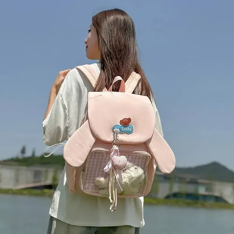 y2k bow oreille de lapin japonais ita sac à dos lolita fille sac transparent mignon haute capacité sac à dos style preppy sac à dos à volants