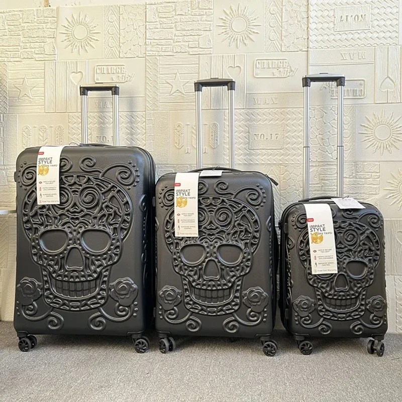valise trolley de voyage à roulettes grande taille, style punk squelette, avec éléments pop personnalisés, verrou de douane, bagage cabine