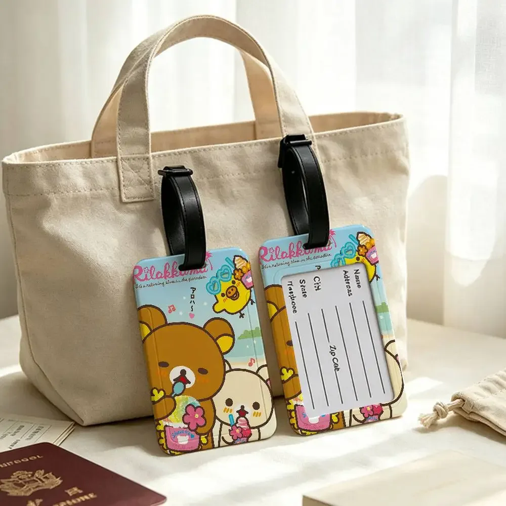 étiquette de bagage de voyage rilakkuma mignonne en dessin animé, étui en pvc pour carte d'information, marqueur de nom anti-perte pour sac à dos.