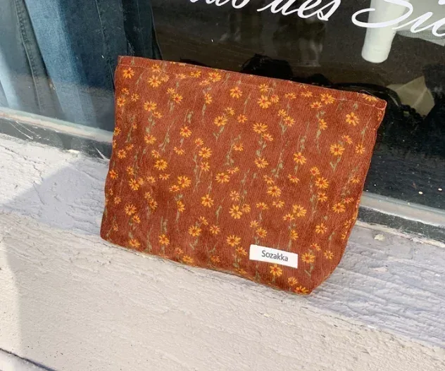 trousse à cosmétiques de beauté florale pour femme, trousse de maquillage, broderie coréenne, velours côtelé, grand sac de rangement de lavage et de toilette, poudres, voyage