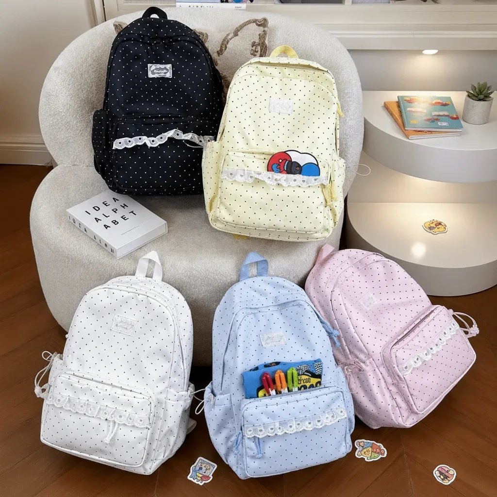 sac à dos de voyage à pois tendance avec dentelle en nylon, cartable d'étudiant multi-poches grande capacité, sac à dos pour ordinateur portable mignon pour femme