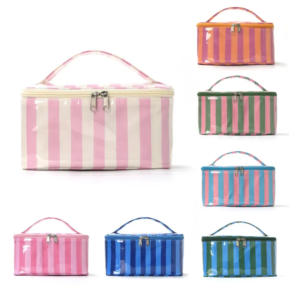 sac de rangement pour articles de toilette à rayures, en pvc imperméable, étui organisateur de maquillage, sac de voyage léger et durable pour cosmétiques