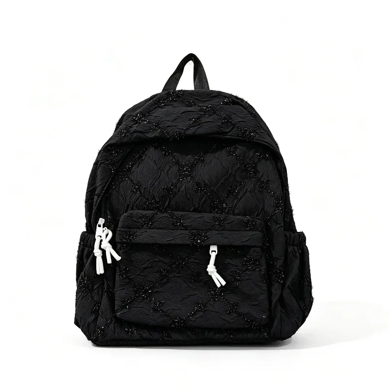 sac à dos matelassé ailes d'ange mignon, sac d'école en nylon à la mode, motif brodé élégant, sac à dos décontracté, sac de voyage quotidien spacieux