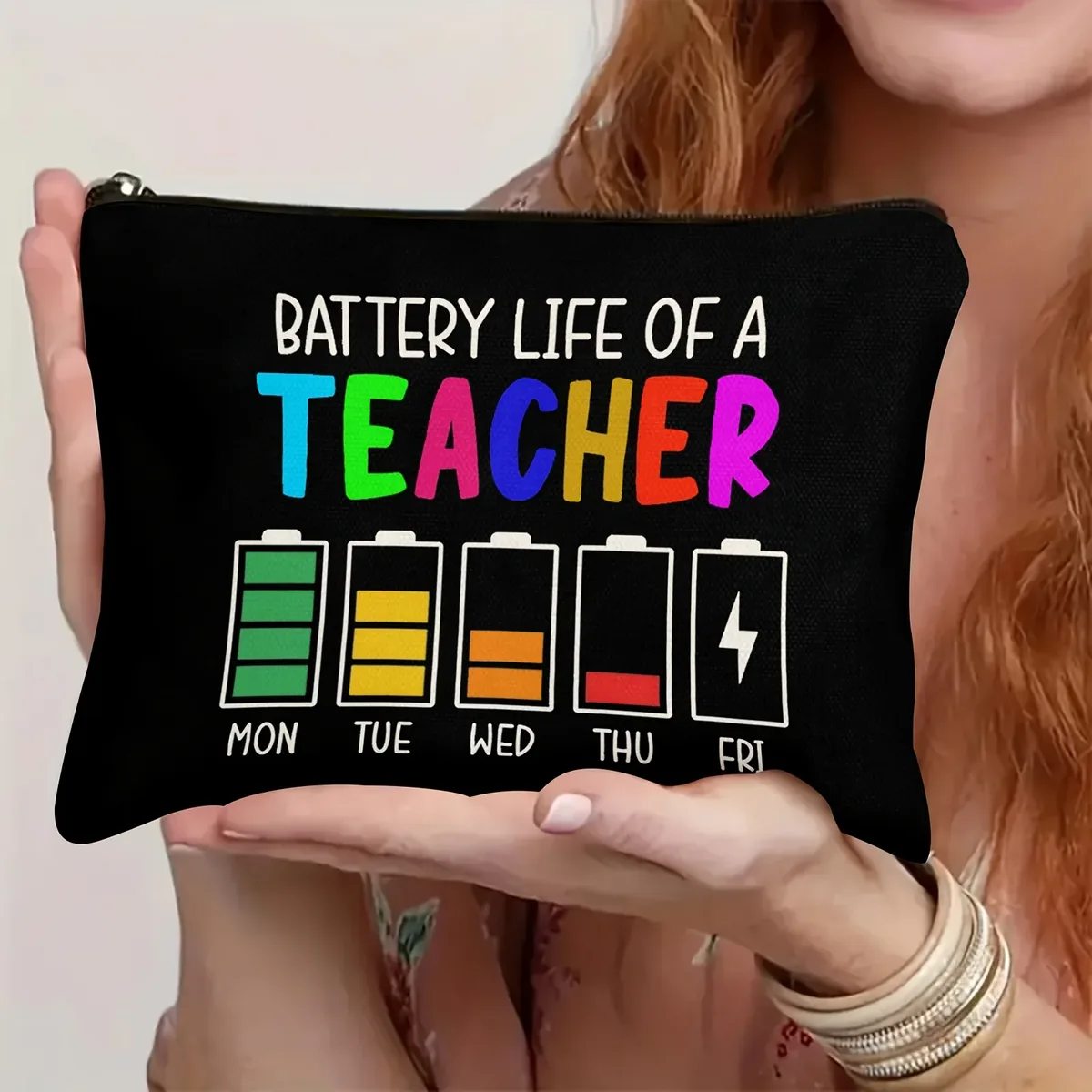trousse de maquillage sur le thème des enseignants avec un design amusant en forme de batterie, sac à fermeture éclair durable, adapté aux cosmétiques, à la papeterie, aux collations, aux enseignants.